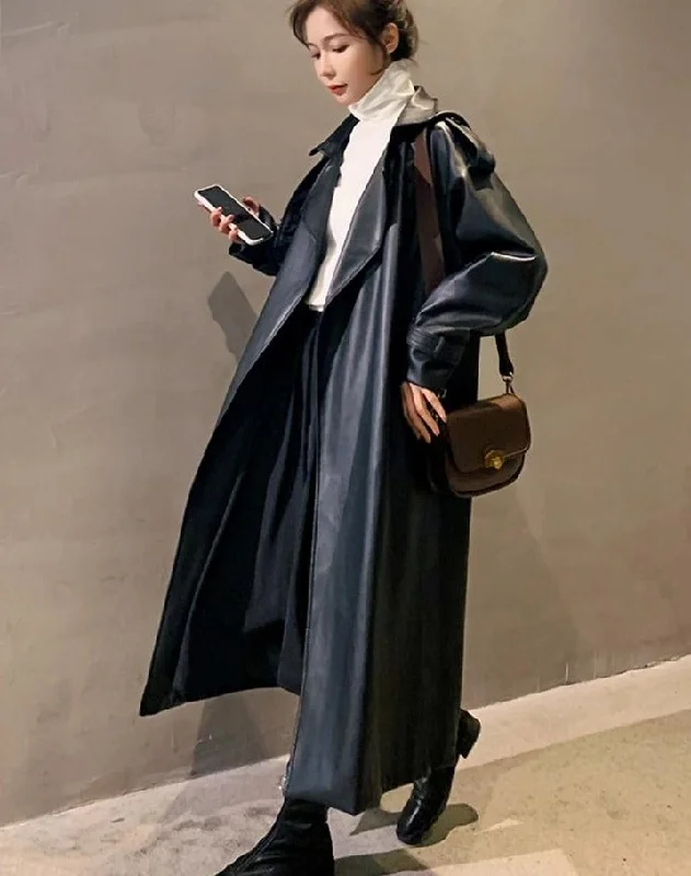 Black Leather Coat | Long Trench Coat | Long Black Raincoat | Korean Style Women Coat | Long Leather Coat | Vintage Coat | Black Trench Coat