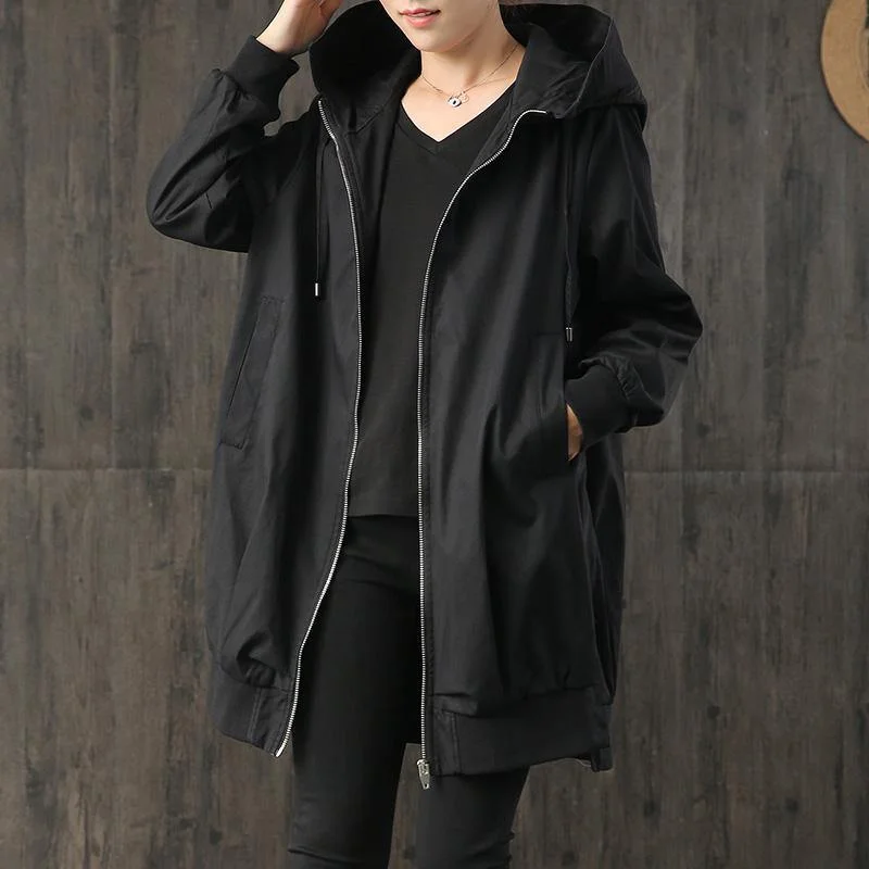 vintage black Loose fitting coat fall women hooded zippered drawstring coats