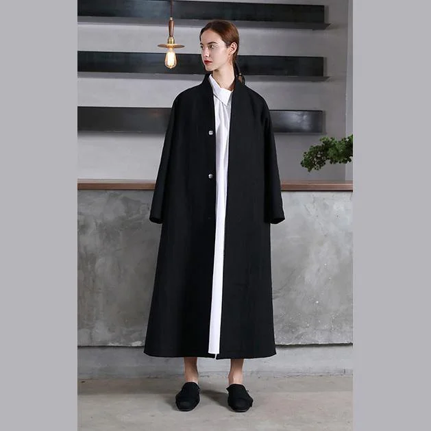 vintage black Woolen Women oversize trench coat V neck wrinkled  jacket embroidery tie waist Coat