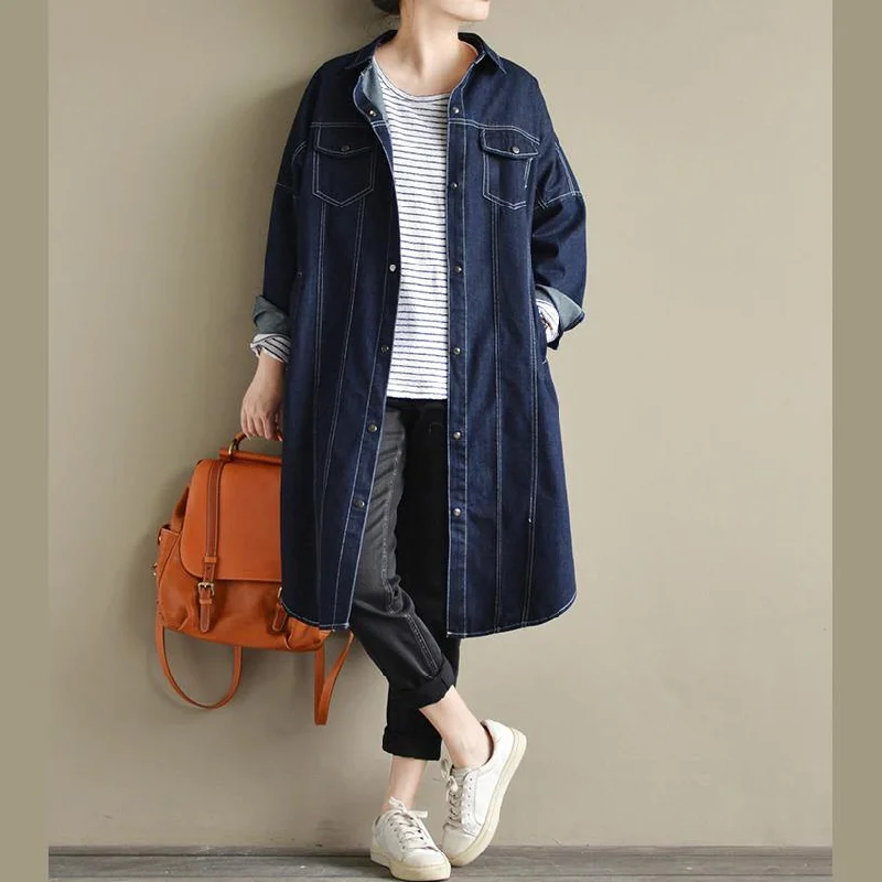 vintage dark blue coats plussize coats boutique maxi coat denim casual