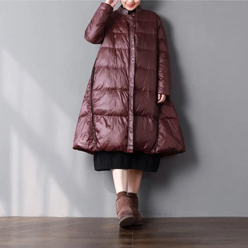 Warm burgundy duck down coat plus size clothing stand collar snow pockets large hem coats