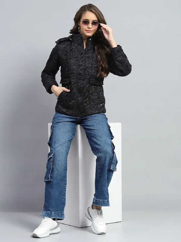 Women Black Solid Hooded Full Sleeve Jacket