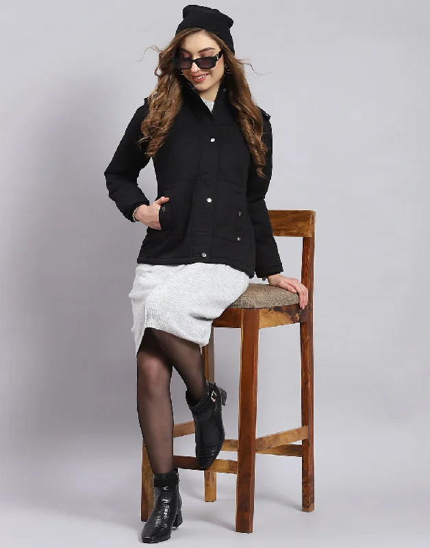 Women Black Solid Hooded Full Sleeve Jacket