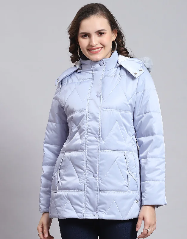 Women Blue Solid Hooded Full Sleeve Jacket