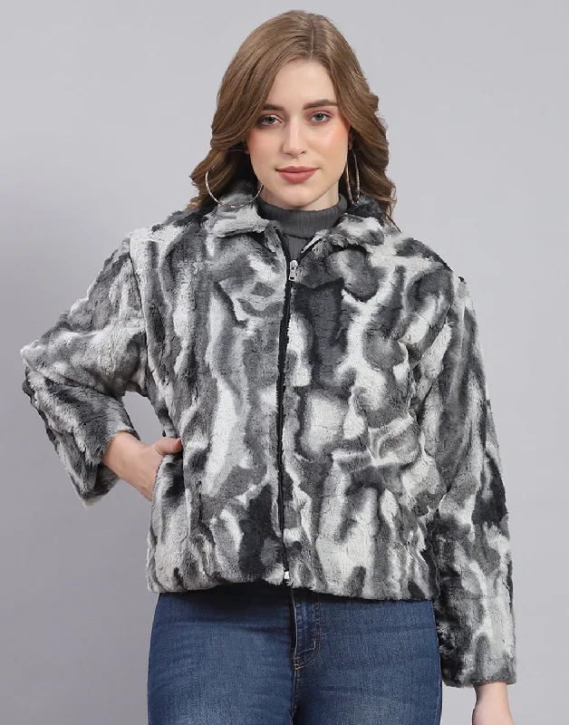 Women Grey Printed Stand Collar Full Sleeve Jacket