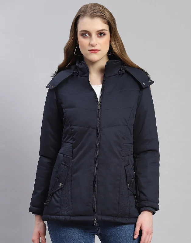 Women Navy Blue Solid Hooded Full Sleeve Jacket