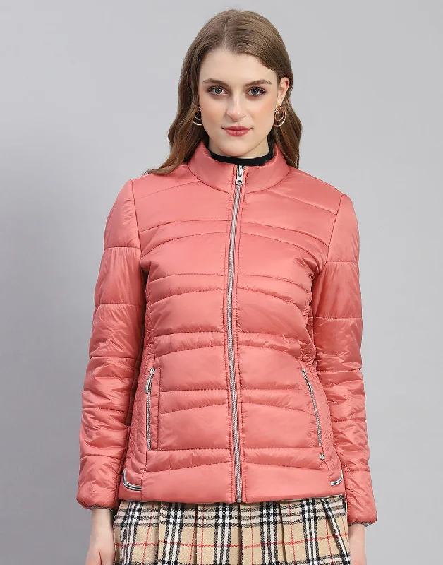 Women Peach Solid Stand Collar Full Sleeve Jacket