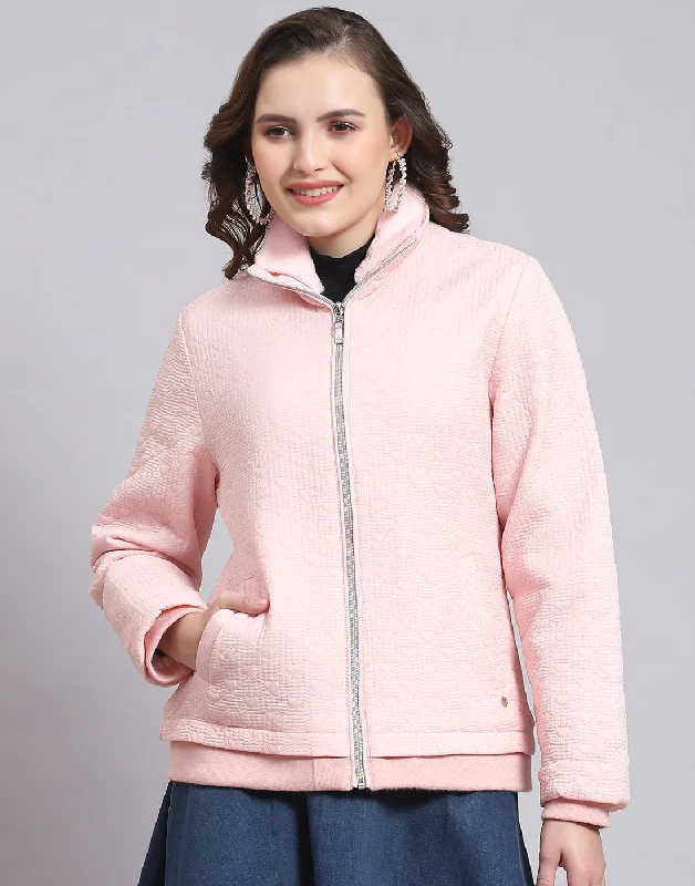 Women Pink Solid Stand Collar Full Sleeve Jacket