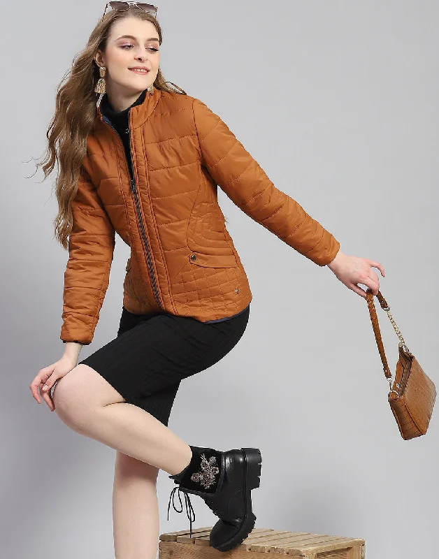 Women Rust Solid Stand Collar Full Sleeve Reversible Jacket