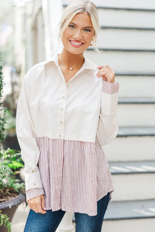 On Your Way Up Ecru White Striped Blouse