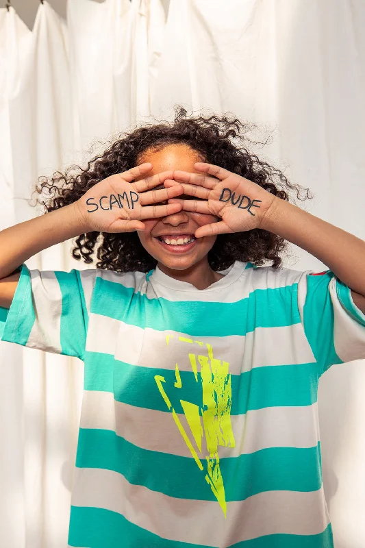 Kids Green and White Stripe with Yellow Bolt Oversized T-Shirt