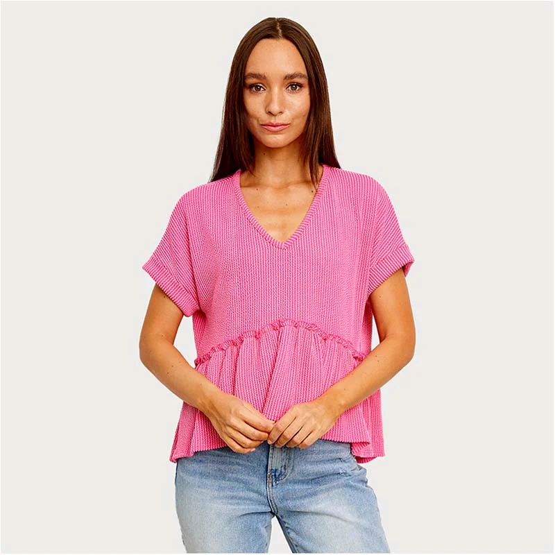 Short Sleeve Ribbed V-Neck Babydoll Top in Hot Pink