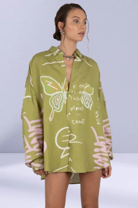 SUMMI SUMMI Womens Oversized Linen Long Sleeve Shirt - Graffiti Butterfly Khaki