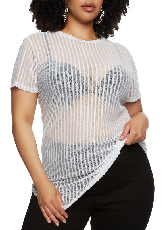 Plus Size Shadow Stripe Mesh Tunic Tee